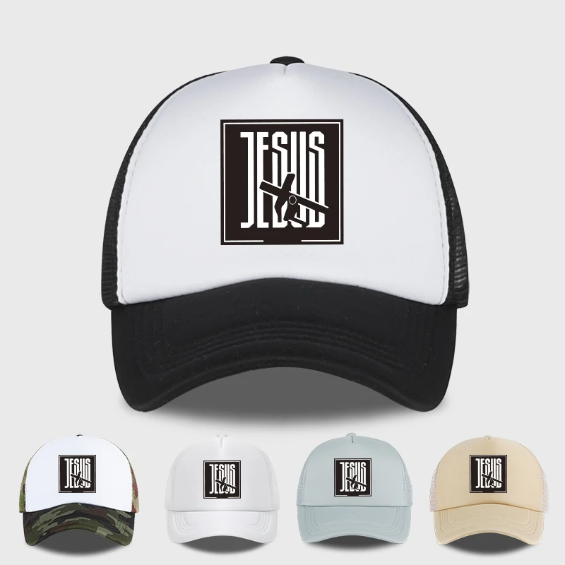 JESUS Cross-Print Sponge Mesh Cap: Unisex-Mesh-Rückseite, verstellbarer Riemen, lässiger Retro-Sonnenhut
