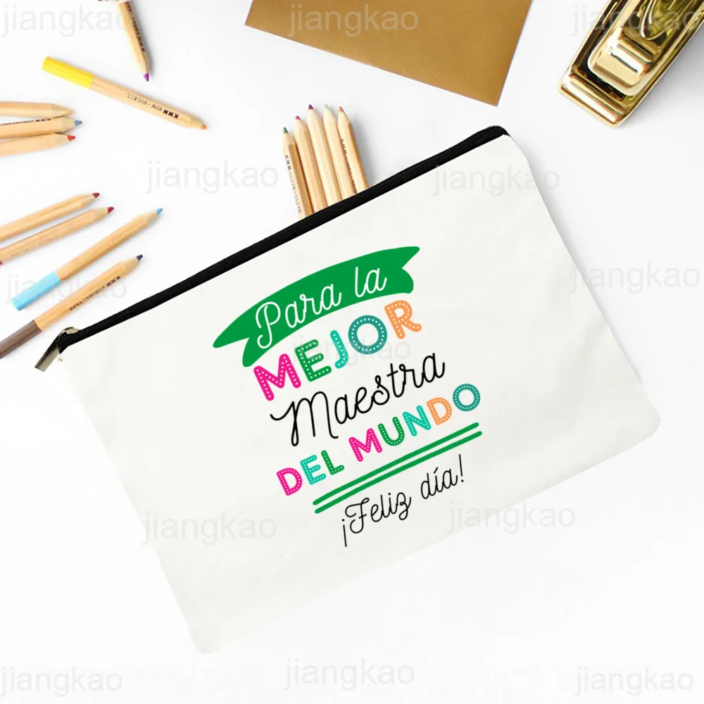 Best Teacher in The World Spanish Print Makeup Bag Travel Neceser Toiletries Storage Pouch Pencil Bags Graduate Gift for Teacher