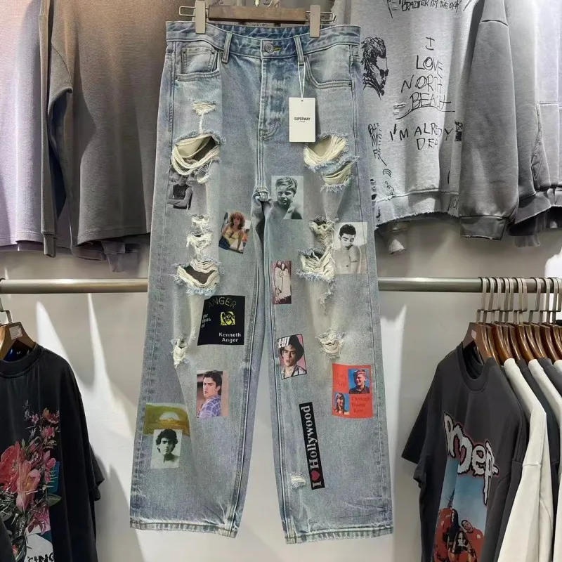 

Мужские джинсы свободного кроя в стиле пэчворк с эффектом потертости, с высокой талией, из хлопка, для лета и осени