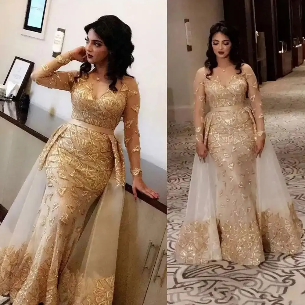 Gold Luxury Evening Dresses With Train For Women 2023 Sexy Sheer Neck Lace Beaded Prom Dress Mermaid Formal Party Reception Gow