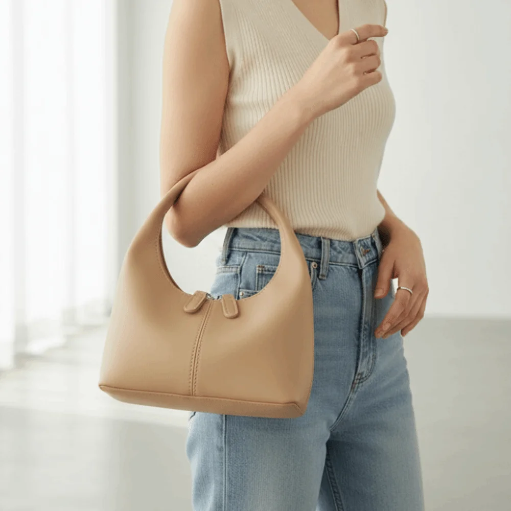 

All-match Elegant Pu Leather Handbag Zipper Retro Color Underarm Bag Fashionable French Style Small Bag Students