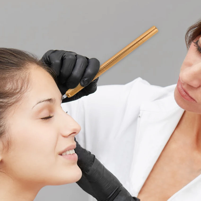 قلم الوشم الذهبي Tebori ثلاثي الأبعاد مع 5 قطعة 12 قطعة شفرة Microblading إبر الوشم دليل ماكياج دائم للحواجب المهنية