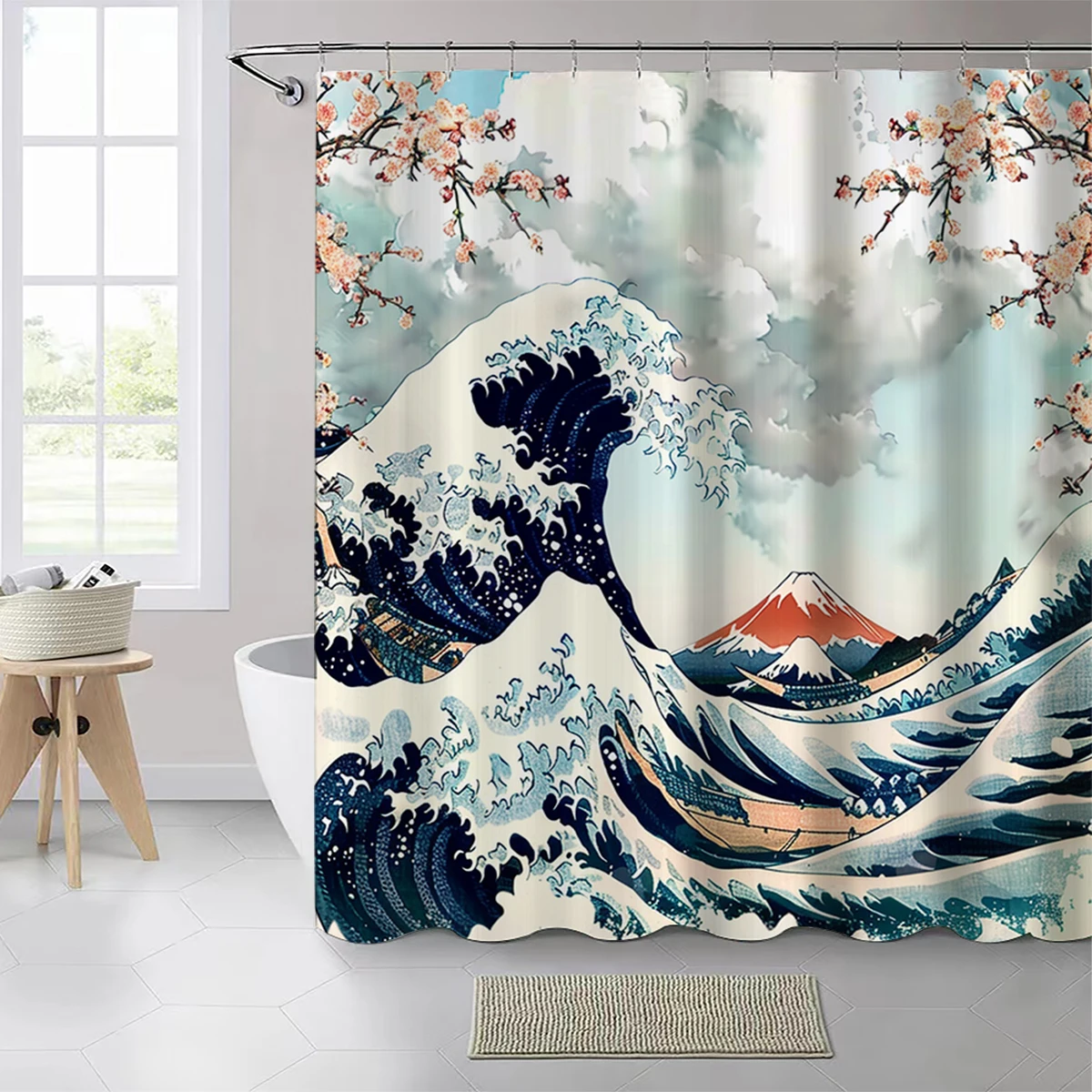 1 pack Japanese Ukiyo-e style Kanagawa surf pattern polyester material shower curtain tarpaulin bathroom thickeneded mildew-proof partition curtain