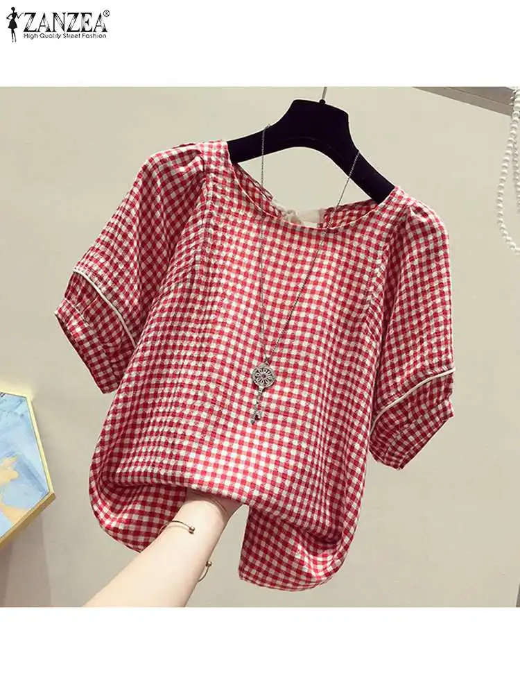 Zanzea Halve Poff Mouw Vrouwen Blusas Mode 2024 Zomer Casual Geruite Gingham Blouses Elegante Losse Vastgebonden Kraag Overhemd Top