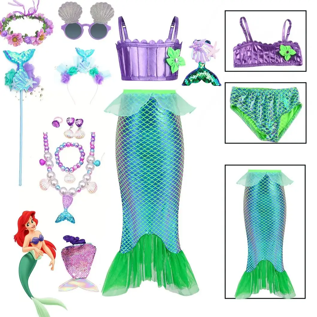 3 Pieces Mermaid Clothing Set Swimmable Bikini Top Underpants and Tail Girls Summer Kid Princess Role Play Dress up Beach Outfit