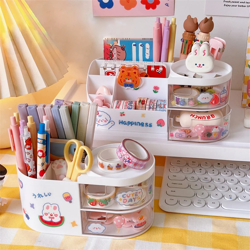 Simple Ins Style Creative Pen Holder Office Student Stationery Desktop Large Capacity Dust-proof Split Drawer Storage Box