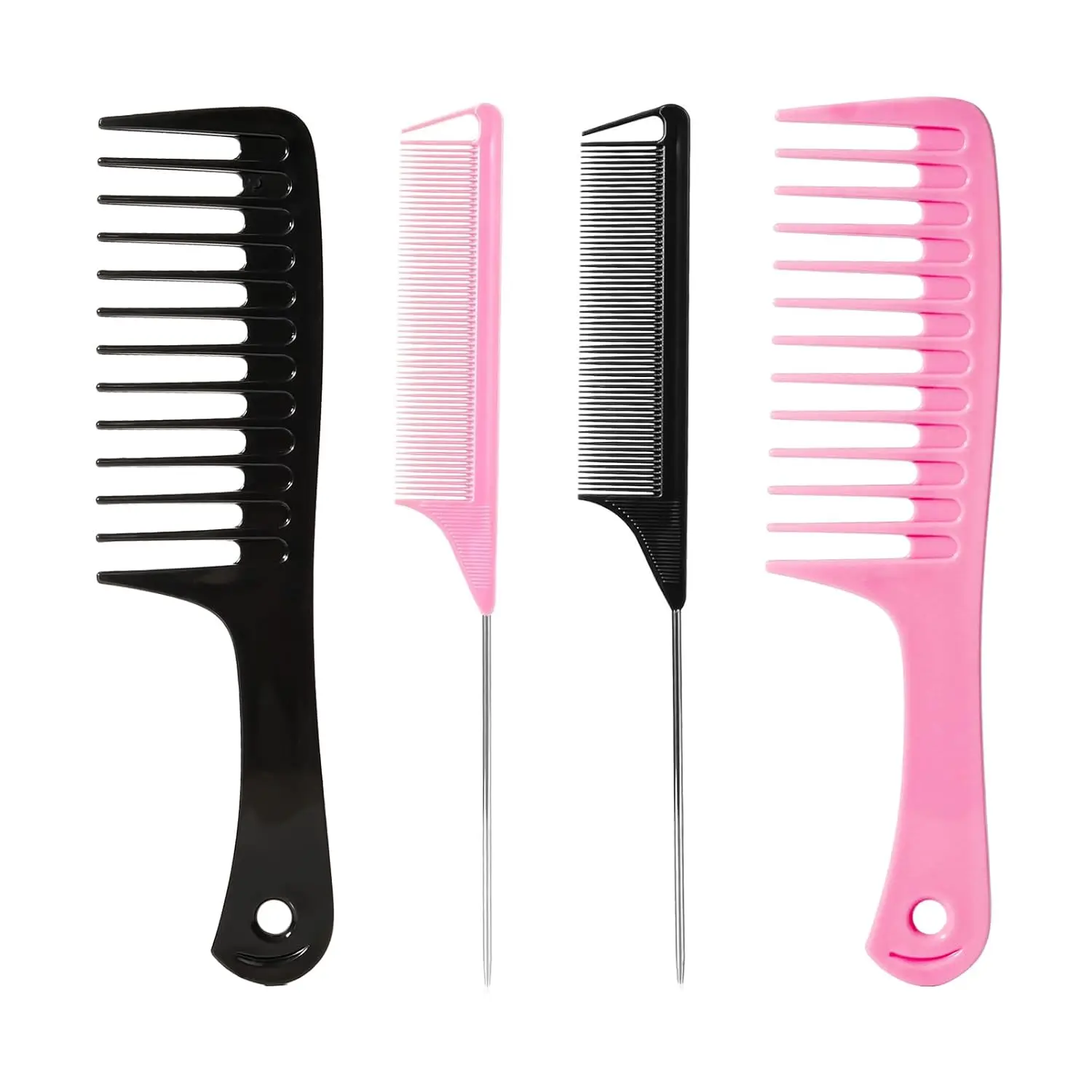 4PCS Wide Tooth & Rat Tail Hair Combs Set for Men & Women(Black+Pink)
