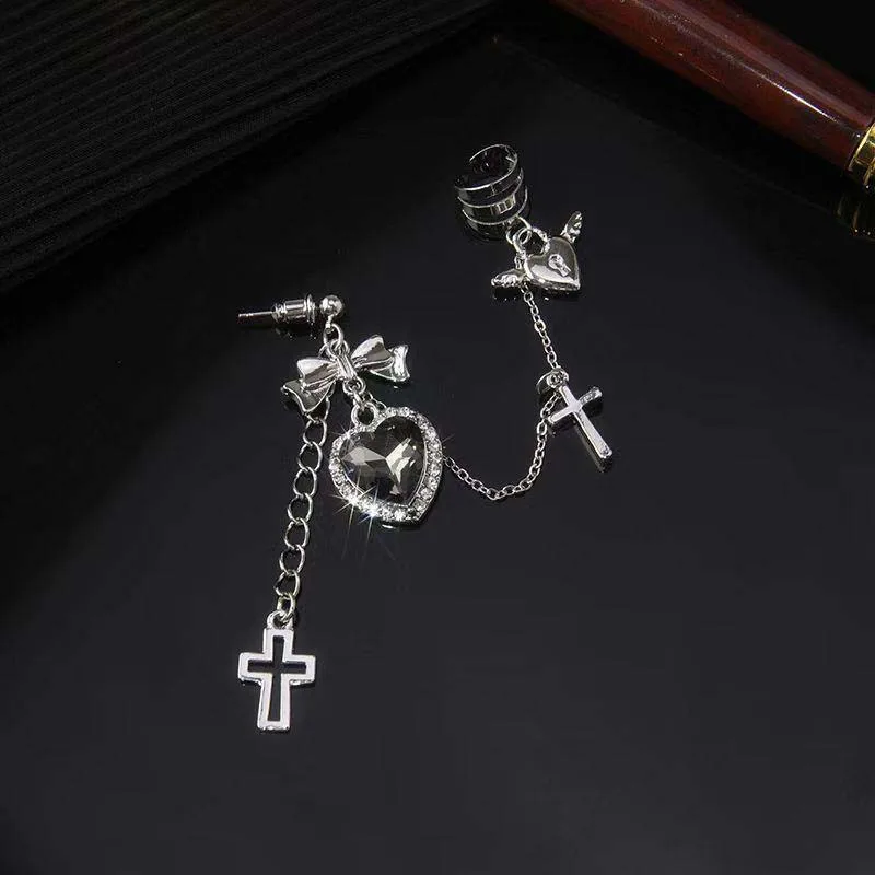Dark Punk Vintage Metal Chain Cross Love Earrings Women Personalized Hip Hop One Piece Ear Bone Clips Party Jewelry Gift