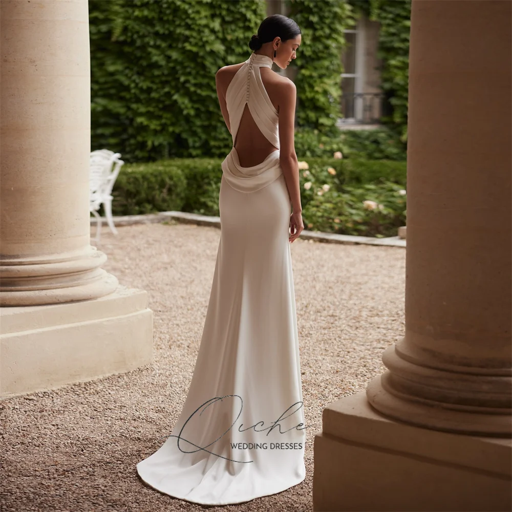 QICHE Elegant High Collar Pleat Mermaid Wedding Dress Women Sleeveless Open  Back High Side Split Buttons Bridal Gown Customized - AliExpress 320