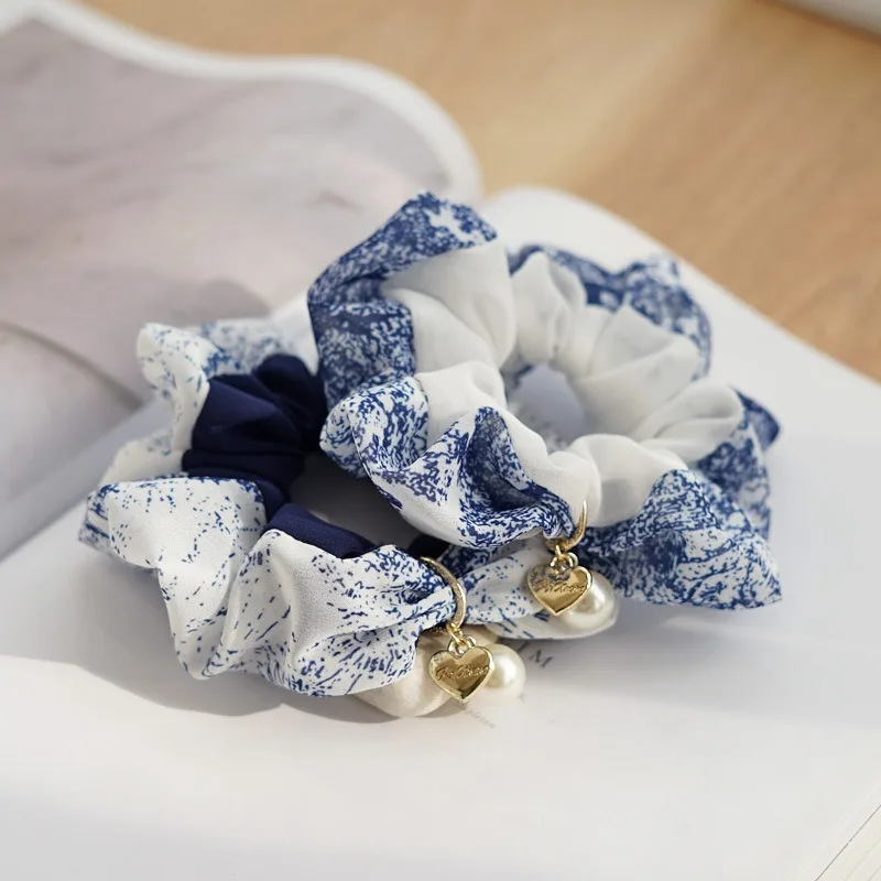 Blue and White Porcelain Chiffon Hair Scrunchies Trendy Pearl Embellished Fabric Hair Ties for Women