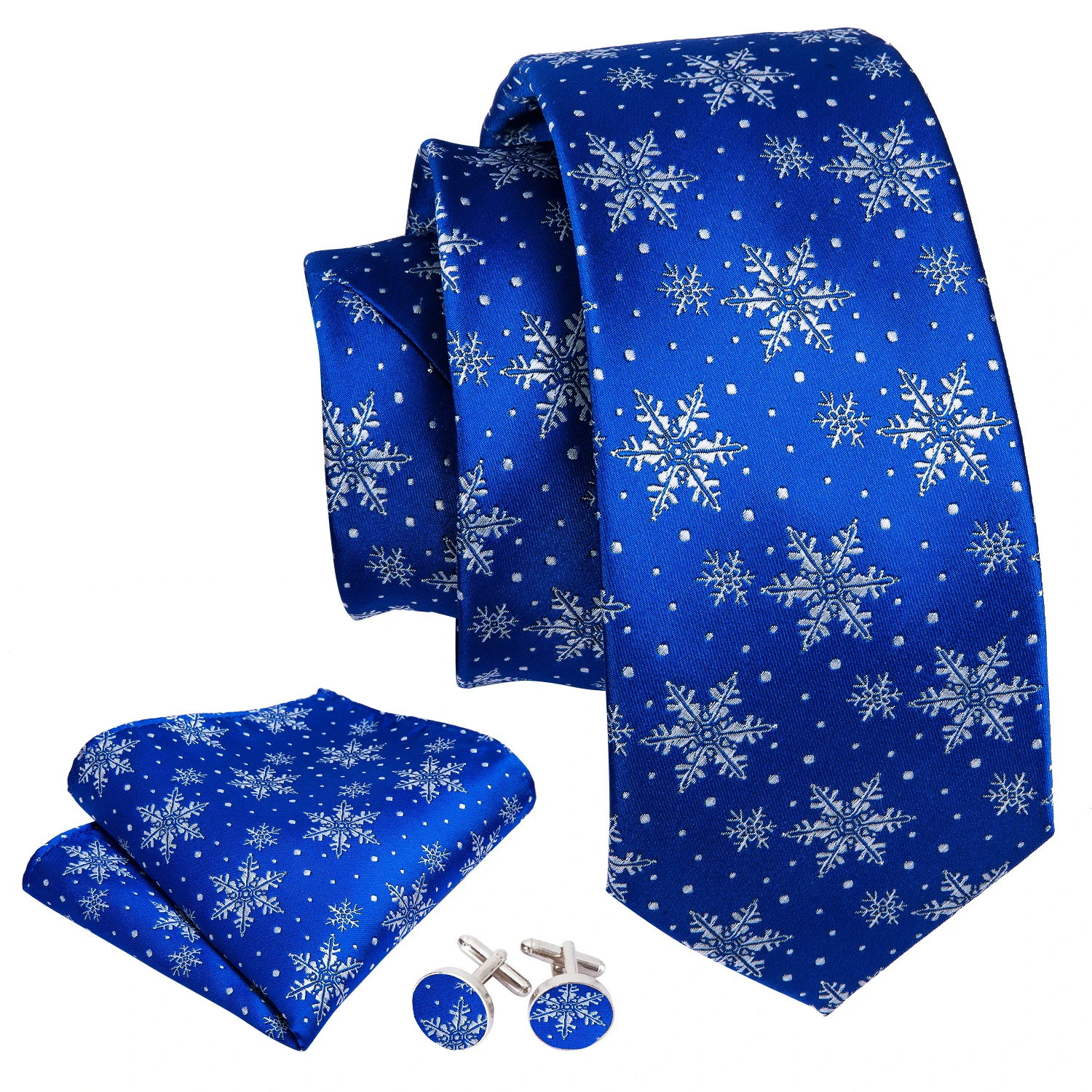 Silk Blue Snow Men Tie for Christmas Necktie Hankerchief Cufflinks Set Xmas Festival Cravat Santa Reindeer Tree Barry.Wang Gift