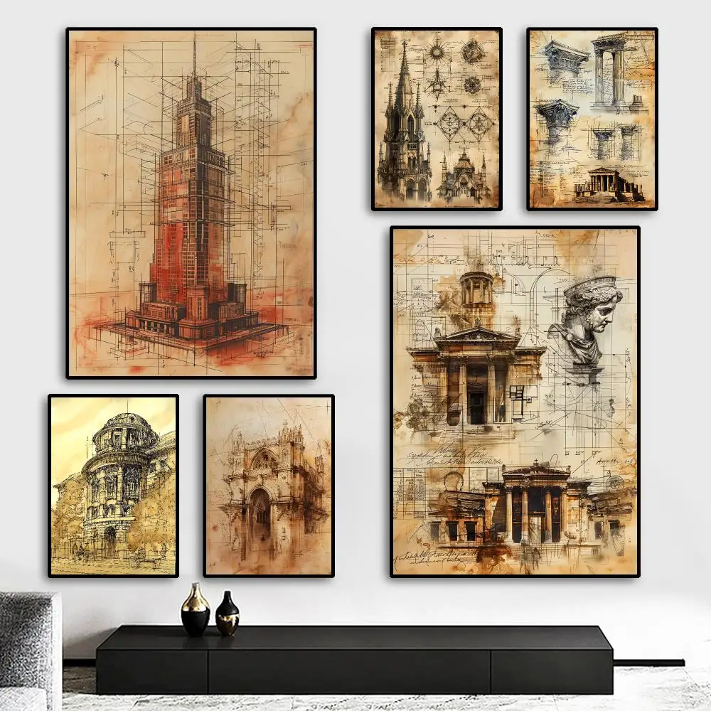 Vintage Architecture Drawings Painting Calligraphy HD Canvas Poster living room bedroom bar aesthetic decoration