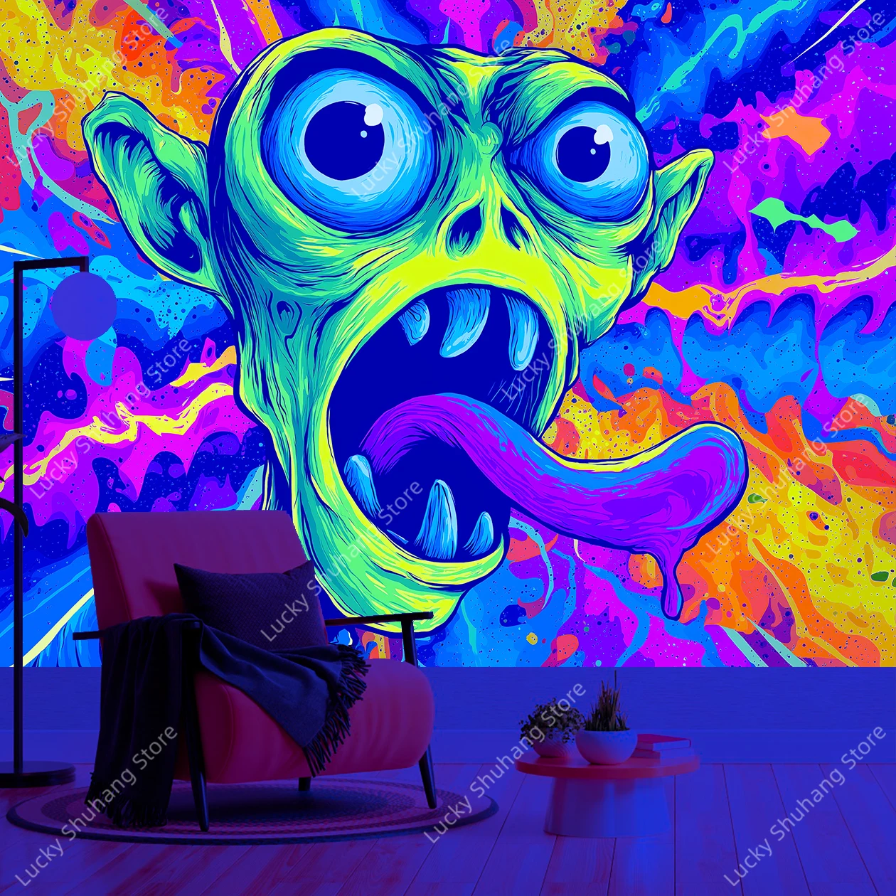 Vivid Green Fantasy Creature UV Tapestry with Big Blue Eyes and Colorful Splatter Art Wall Hanging for Playful Room Office Decor