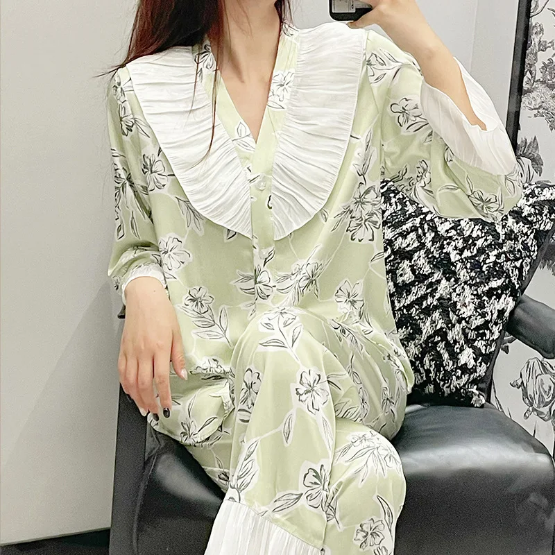 Spring Summer Pajamas Women Elegant Homewear Satin Pyjamas Suit Long Sleeve Trousers Set 2Pcs Print Flower Nightwear Sleepwear