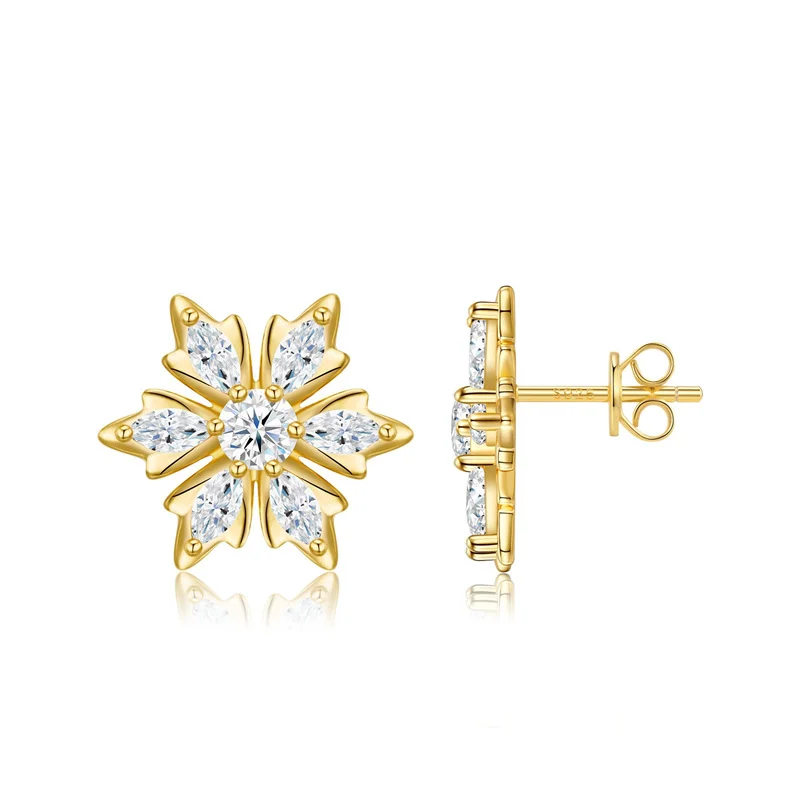 ZFSILVER Fashion s925 Silver Moissanite Classic Trendy Design Golden Flower Earring Charms Women Accessories Jewelry Gift E18102