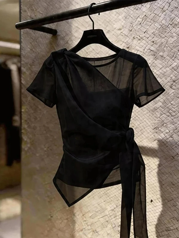 

Unique Large Size Beautifully Designed Women's Shirt Summer 2026 Trendy Tie-Belt Korean Style Loose Fit Breathable Short Sleeve