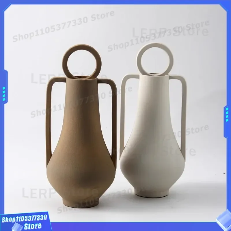Creative Matte Ceramic Vase with Ring Handle Designer Flower Ware for Living Room TV Cabinet Decoration Modern Home Ornament