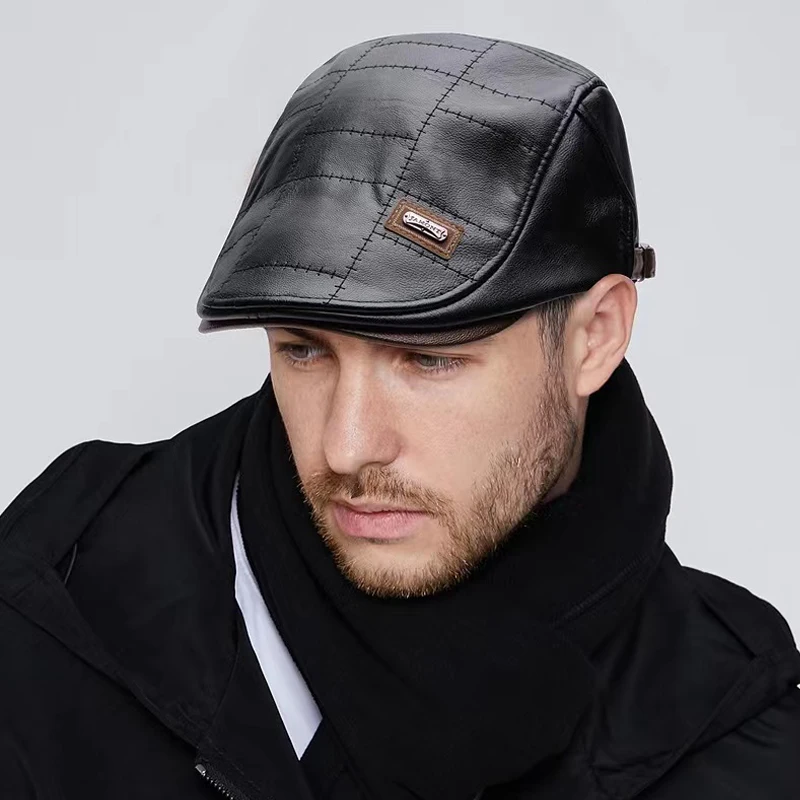 High Quality Men PU Leather Baseball Cap Fleece THicken Adjustable Hat Outdoor Leisure Warm Plucked  Beret Male Autumn Winter