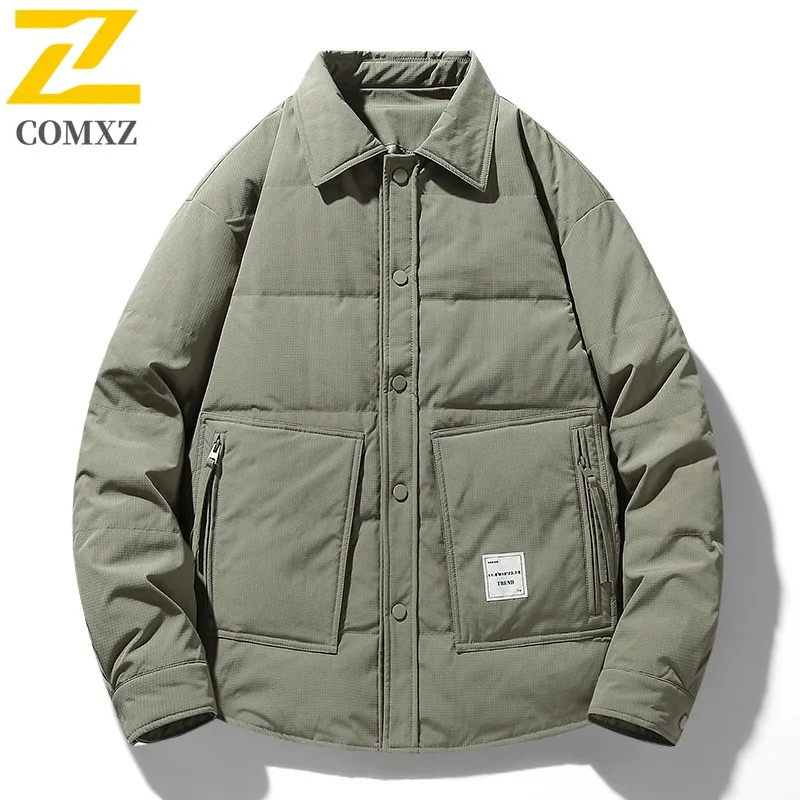 

COMXZ Men Down Jacket Luxury Turndown Collar Outdoor Ski Thickened Warm Parka Travel Cold Resistant Lightweight Winter Down Coat