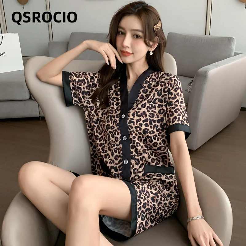 QSROCIO Summer Women\'s Pajamas Set Leopard Square Print V Neck Sleepwear Short Casual Faux Silk Homewear 2pcs Nightie Femme