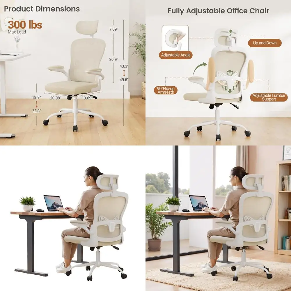 

High-Back Beige Mesh Office Chair with 3D Headrest and Adjustable Lumbar Support for Home and Office Use