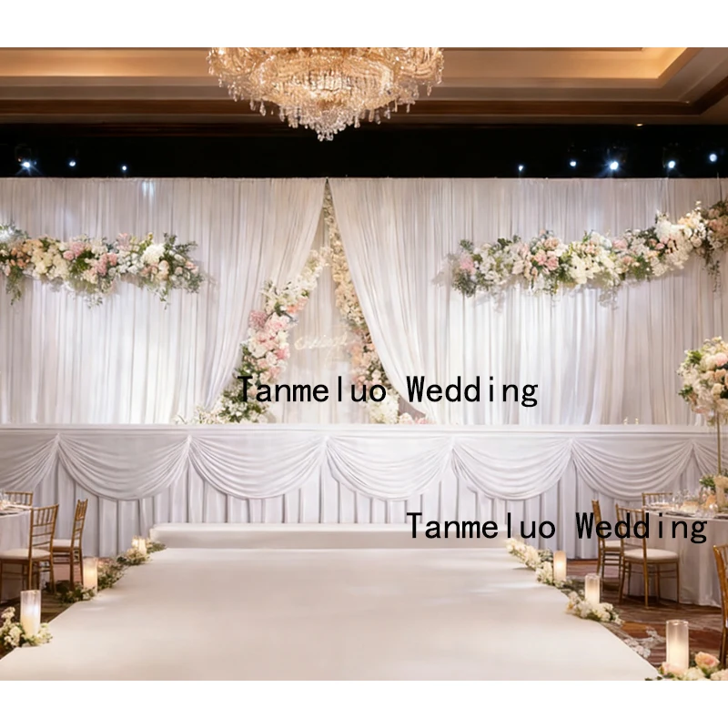 Pleated Ruched Table Skirting Colorful White Ice Silk Table Skirt With Swag for Wedding Birthday Buffet Table Decoration