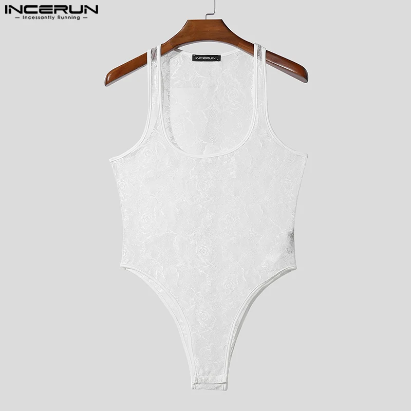 INCERUN Men Bodysuits Floral Lace See Through O-neck Sleeveless Male Rompers Sexy 2025 Fashion Skinny Casual Bodysuit Men S-3XL
