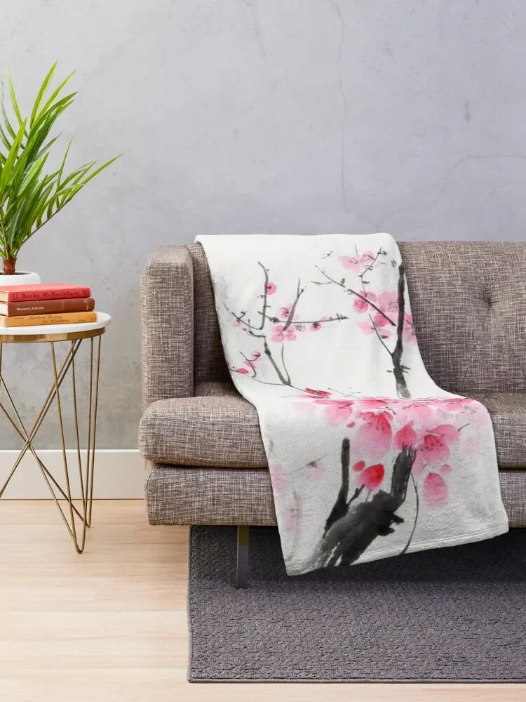 Delicate sakura branch with pink blossoms Japanese Zen sumi-e painting on white rice paper art print Throw Blanket