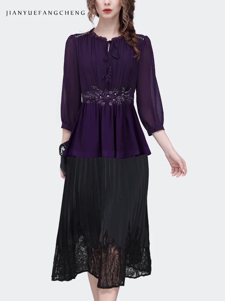 2024 Spring/Summer French Style Pleated Chiffon Shirt Top Women\'s Purple Beaded Cinched Waist 3/4 Sleeve Bottom Applique Blouses