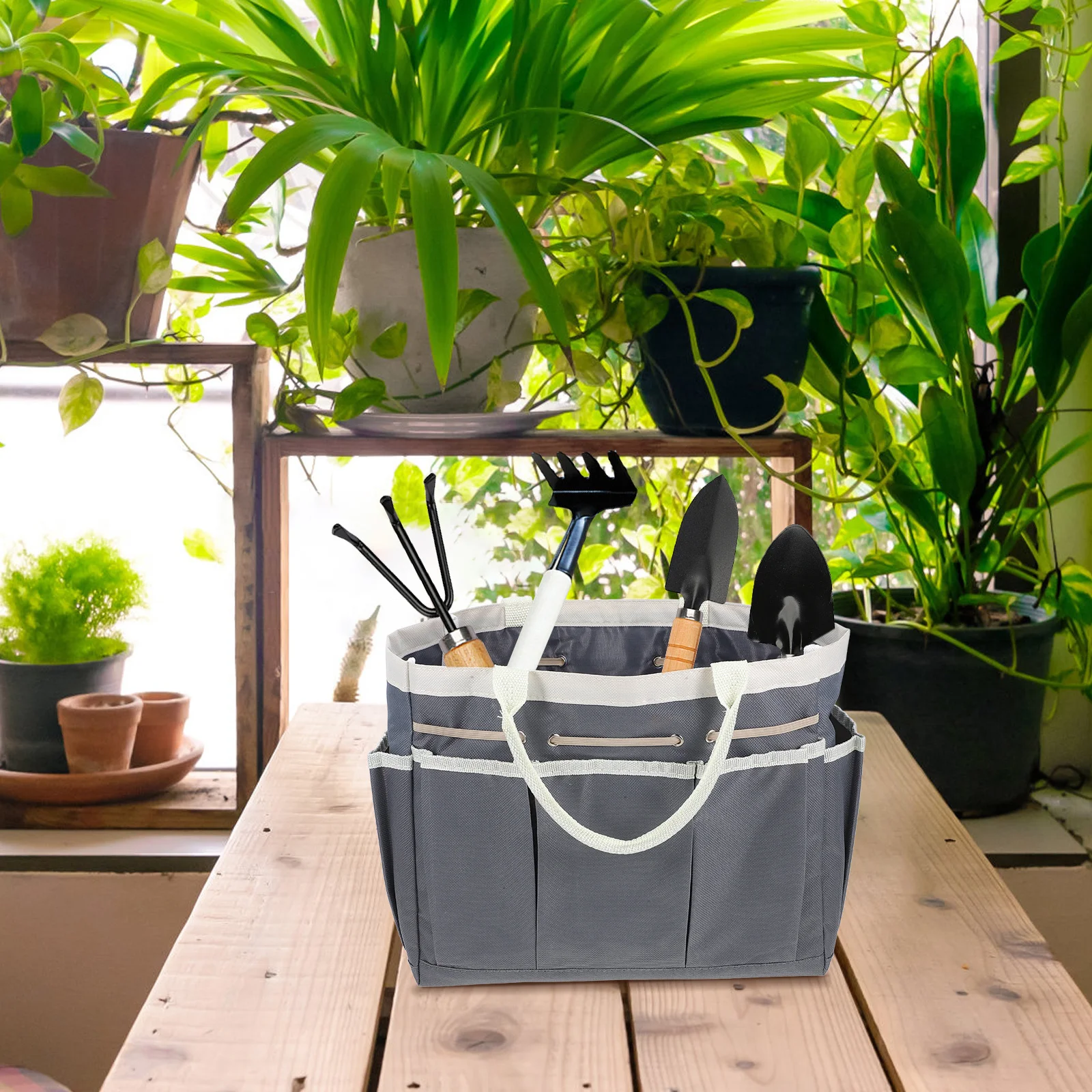 حقيبة تخزين أدوات الحديقة من قماش أكسفورد مقاومة للماء متعددة الأقسام بسعة كبيرة لأدوات البستنة الخارجية باللون الداكن