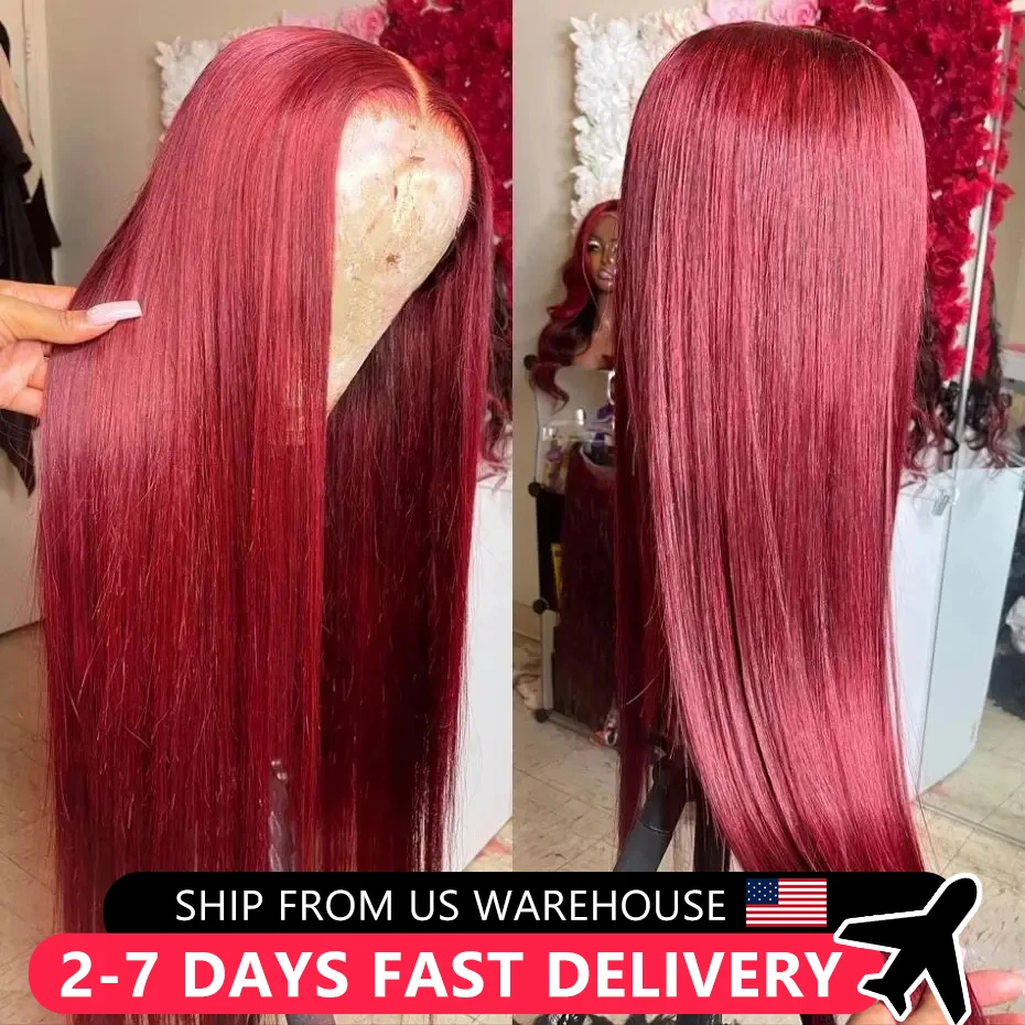 Straight Glueless Wig 99J Burgundy 13x6 Lace Front Human Hair Wig Brazilian Red Colored 13x4 HD Transparent Lace Wigs For Women