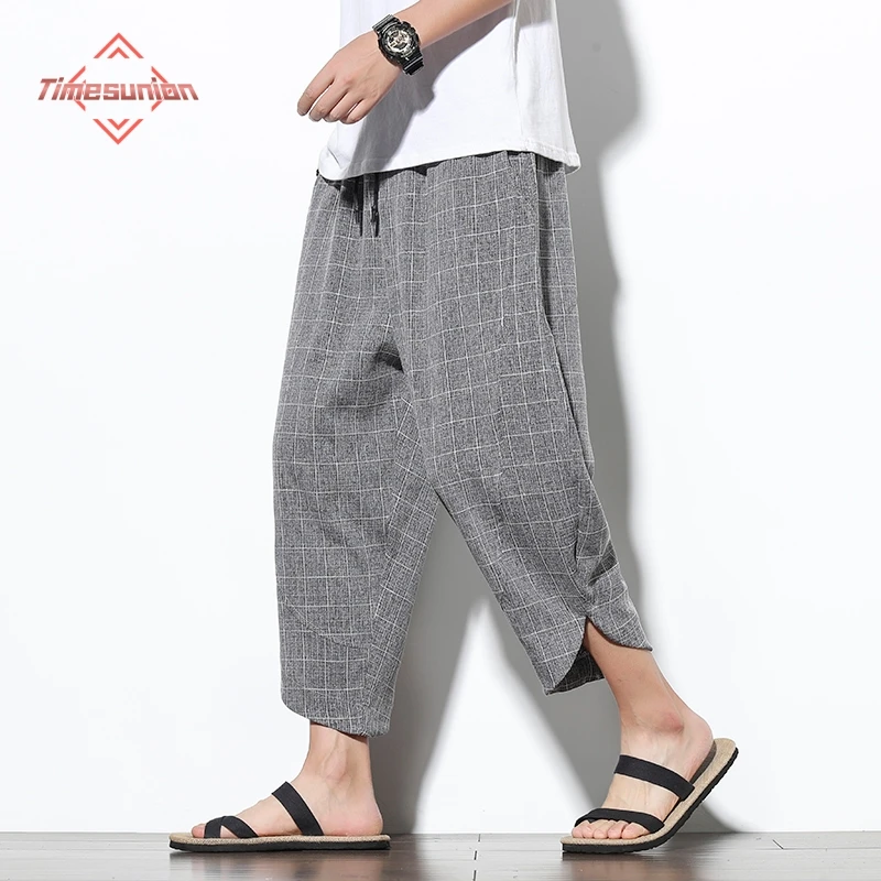 

Summer Korean Style Casual Pants Mens Fashion Cotton Linen Oversize Ankle-Length Pants Clothes Streetwear