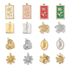 3pcs/Lot 316l Stainless Steel French Geometric Flower Enamel Square Charms Rose Heart Daisy Necklace DIY Small Pendant