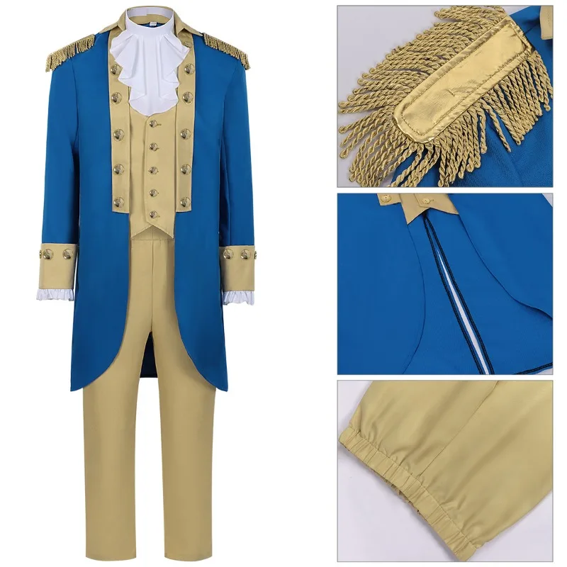 

Halloween Cosplay Costume Blue Coat Long Pants White Vest Ruffled Bow Tie Suits Theme Party Role Playing Outfits for Adult Men