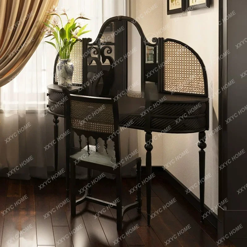 Vintage Rattan Dressing Solid Wood Desk Small Apartment Writing  New Classical Storage Table Makeup