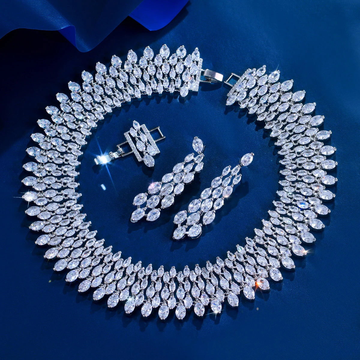 CWWZircons Gorgeous 5A Cubic Zirconia Paved Big Chunky Bridal Choker Necklace Earring Sets for Women Party Wedding Jewelry T0841