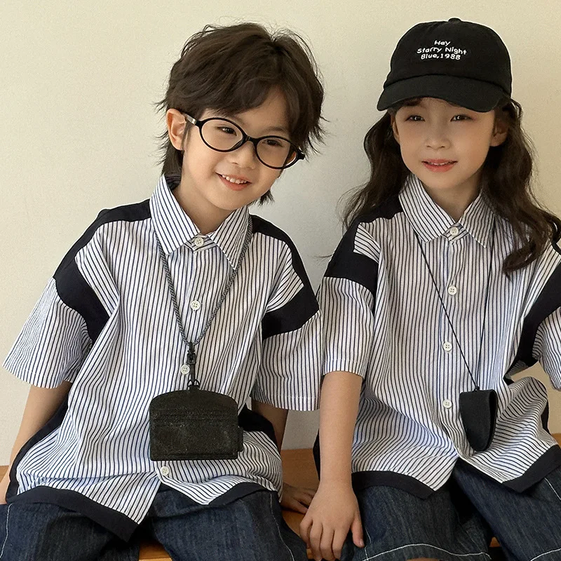 

2025 Summer Childrens 2PCS Clothes Set Short Sleeved Cool Trendy Striped T-shirts Versatile Denim Shorts Suit Kids Boys Outfits