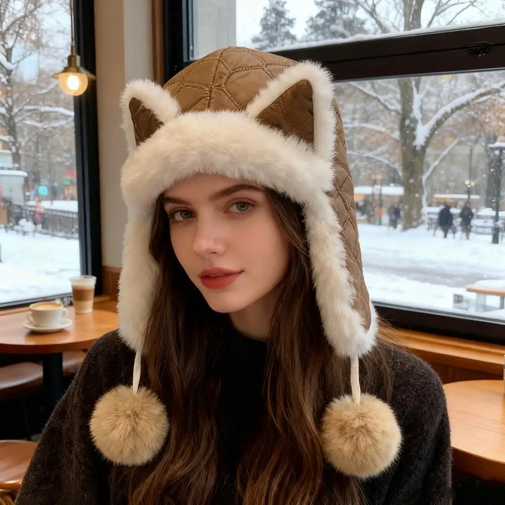 Lei Feng Hat Soft Plush Fox Ear Design Warm Imitation Rex Rabbit Fur Velvet Lined Adjustable Elastic Fit Riding Hat