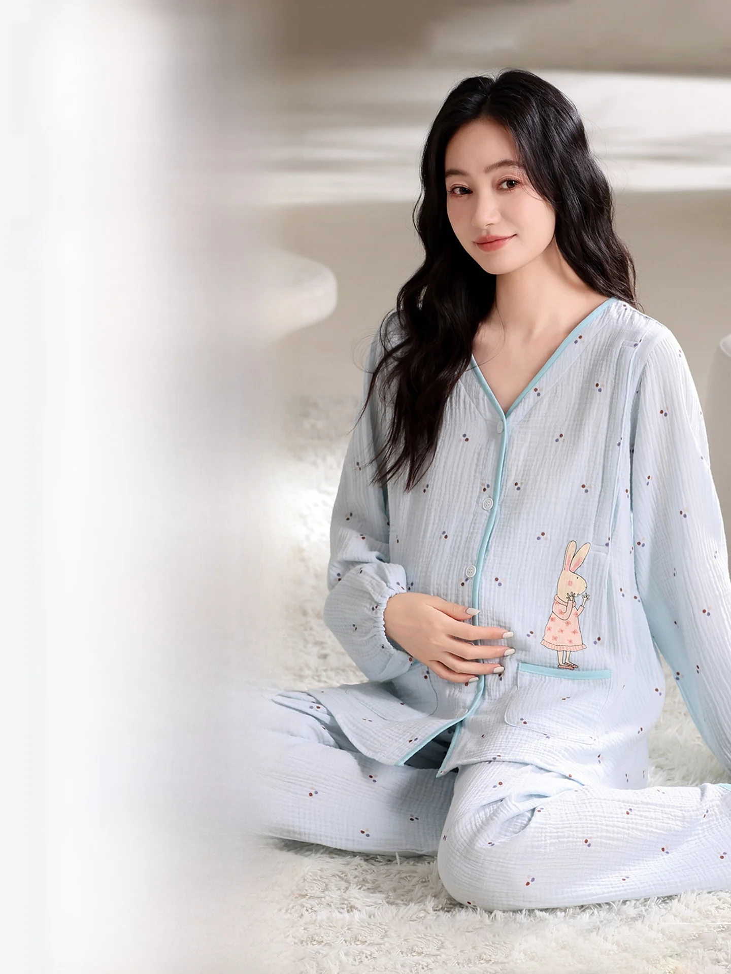 cloud-cotton-maternity-sleepwear-long-sleeve-open-cardigan-nursing-home-clothes-set-soft-polyester-fiber-spring-autumn-wear