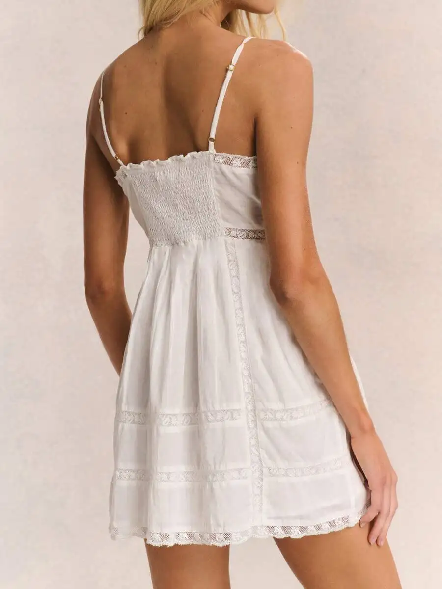 

Womens Sleeveless Mini Dress With Lace Patchwork Smocked Ruffle Spaghetti Strap A-Line Boho Vacation Sundress