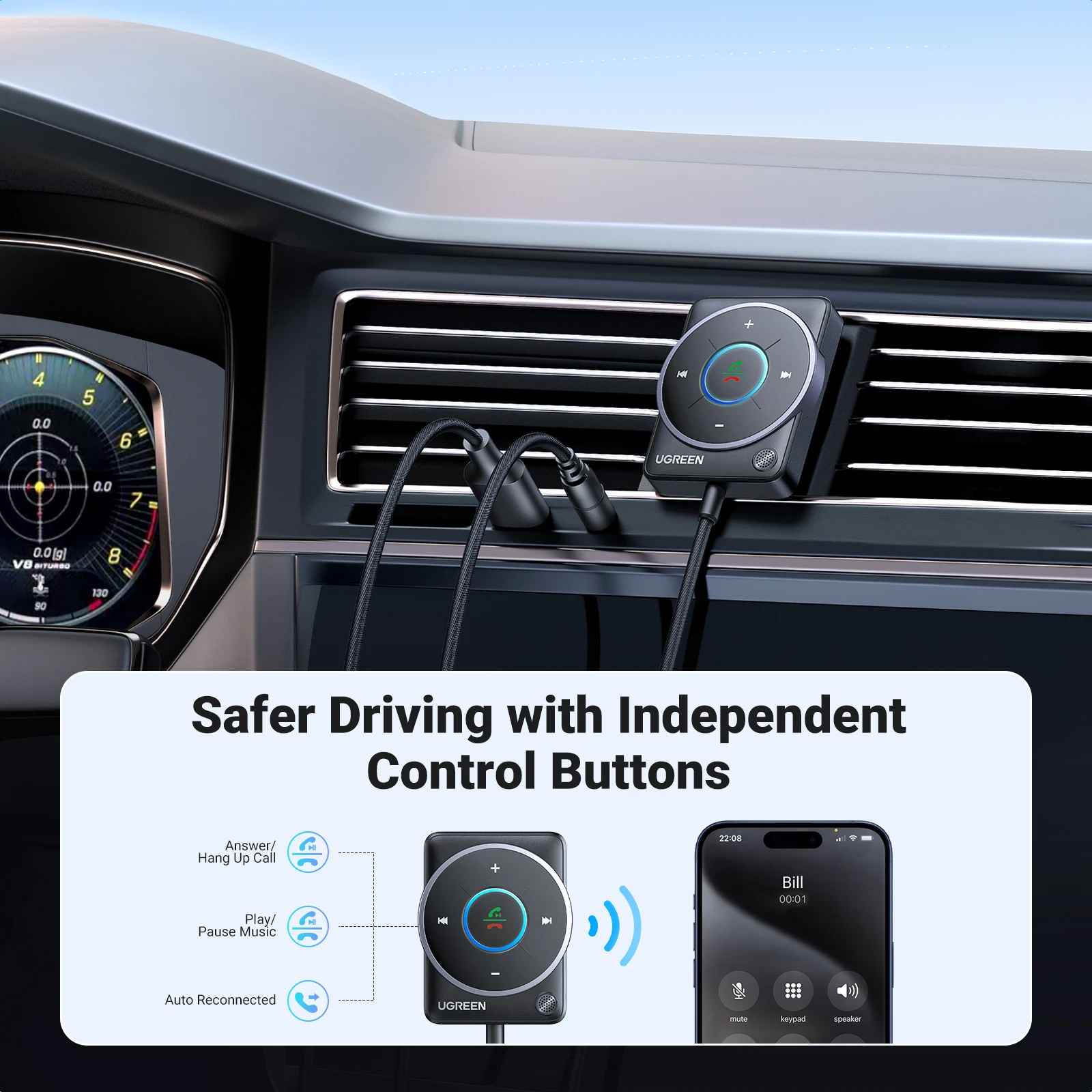 UGREEN Bluetooth 5.4 Car Receiver Adapter with Mics and Noise Cancellation, USB AUX Bluetooth Receiver Car Kit Stereo Audio