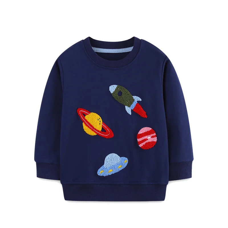 Boys Pullover Tops 100% Cotton Space Rocket Planet Applique Hoodies Sweatshirts Toddler Kids Crew Neck Long Sleeve Clothes