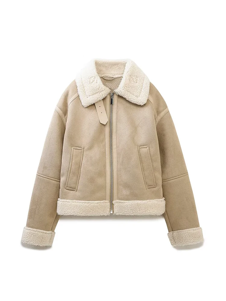 TFMLN Women Thick Warm Faux Suede Leather Fur Short Jacket Retro Fashion Female Zipper Winter Causal New Chic Street Outwear