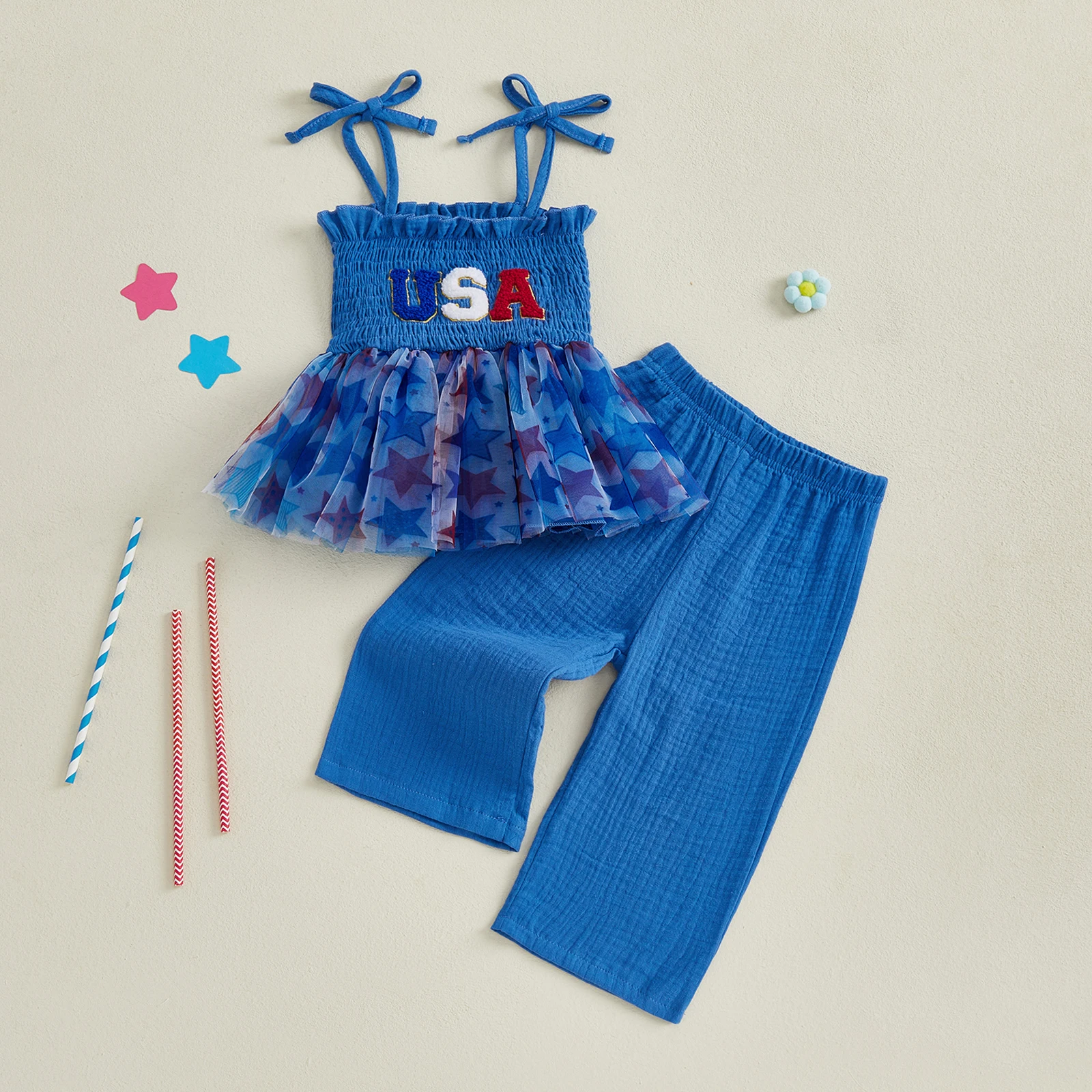 独立記念日幼児女の子衣装レター刺繍チュールネクタイショルダーキャミソール無地パンツ 2 点セット 7 月 4 日用