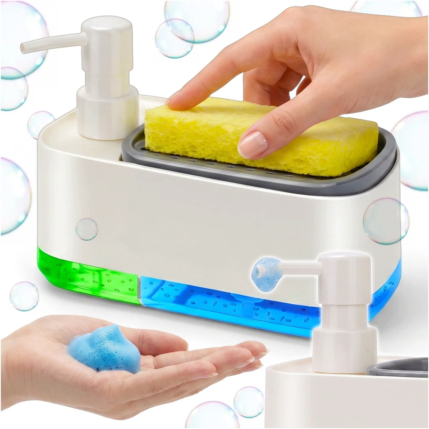 Keukenzeepdispenser met sponshouder-organizer voor afwasmiddel, modern, praktisch, betrouwbaar, compact, strak design, eenvoudig, multifunctioneel, voor dagelijks gebruik in de keuken, voor de