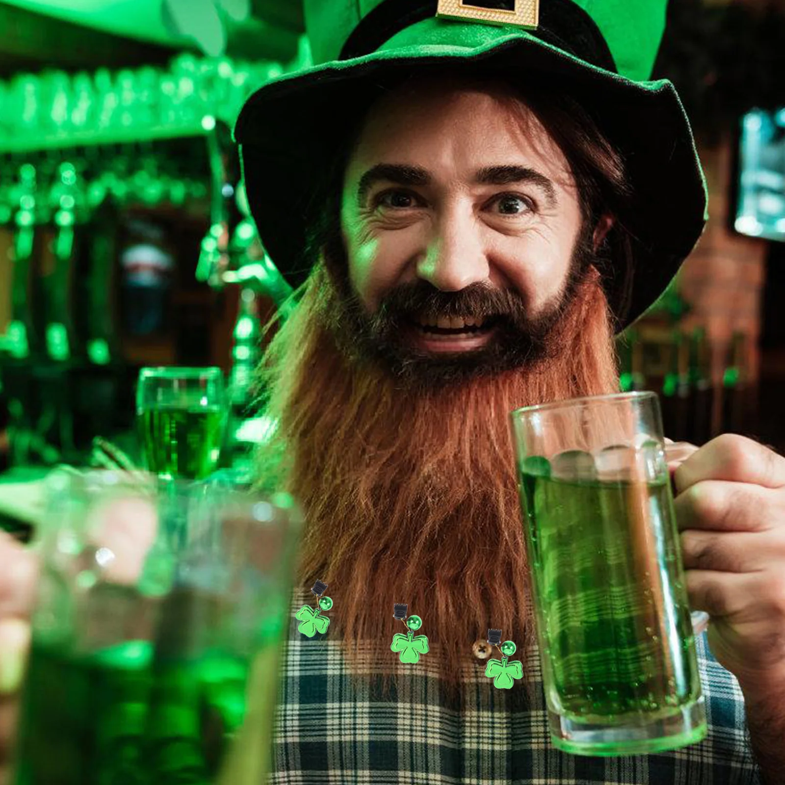 10 個のクローバーひげクリップフェスティバルパーティーの装飾聖パトリックの日のコスチュームアクセサリーひげ飾り男性用光沢のある顔の毛