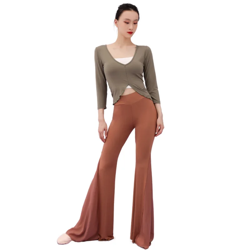 2023 Wowmen Dance Costume Practice Spliced Multicolour Flare Pants Deep V Peach Collar Top Stretch Cotton Comfort Modal Fabric