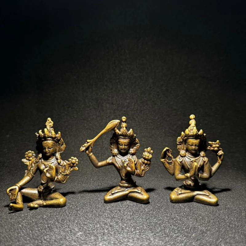 Brass Four-Armed , Manjushri, Green Tara Buddha Statue, Decor, Lotus-Sitting Guanyin, Home Temple Tabletop Ornament