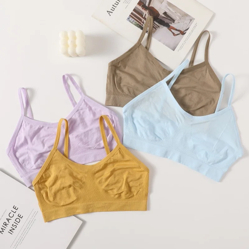 Women Soft Ribbed Bra Knit Wireless Bralette No Pad Camisole Non-Adjustable Thin Strap Lingerie Everyday Lounge Intimates M-L