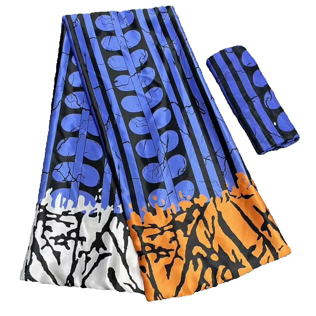 

Fashion Multicolor Soft African Fabric Satin Printed Satin Silk Match Tulle Blouse For Nigerian Women Dress 4+2 Yards Materials